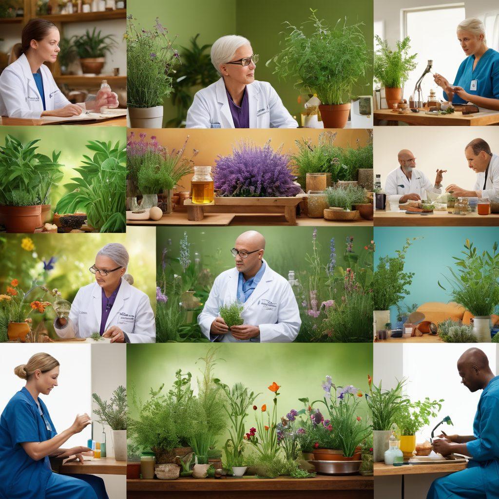 A dynamic journey collage showcasing contrasting treatments for cancer and holistic health, featuring a research lab with scientists at work, vibrant herbs and natural remedies, a serene healing space with soft light, and a diverse group of people symbolizing hope and resilience. The background transitions from clinical to natural, blending modern science with holistic wellness. super-realistic. vibrant colors. soft lighting.