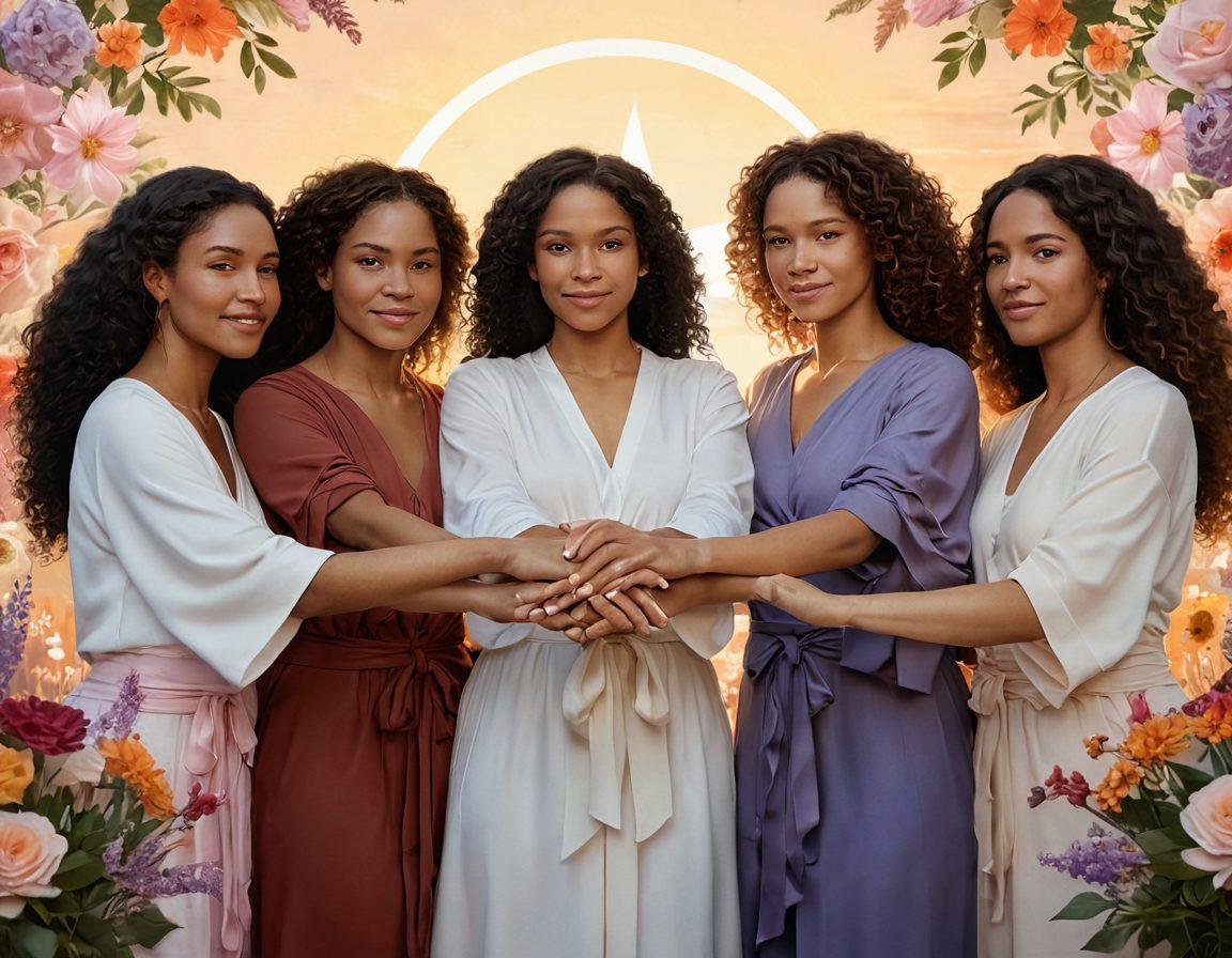 A supportive circle of diverse women, each holding hands, surrounded by symbols of hope like ribbons and blooming flowers, representing the Mamasita Community. In the background, soft hues of dawn symbolize a new beginning and empowerment. The overall vibe is comforting and encouraging, with a gentle light illuminating their faces. super-realistic. warm colors. serene atmosphere.